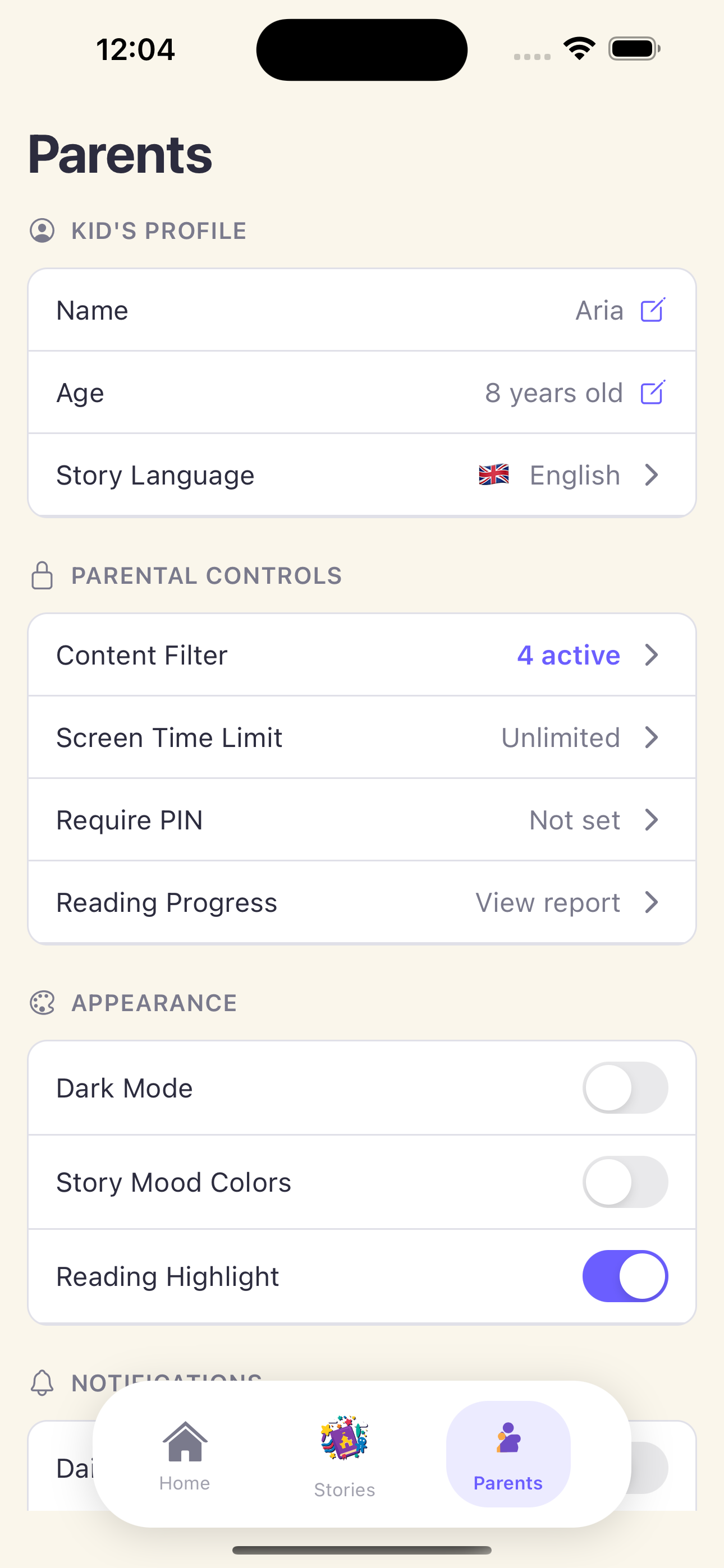 Settings screen