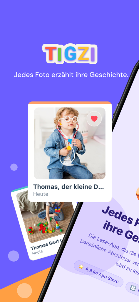 Tigzi Lese-App für Kinder: Geschichten-Bibliothek mit personalisierten Bilderbüchern aus Familienfotos