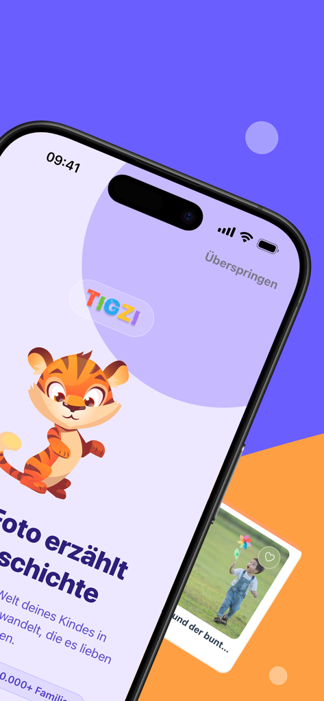 Tigzi Tiger-Maskottchen begrüßt Kinder in der Lesen-lernen-App, die Fotos in Geschichten verwandelt