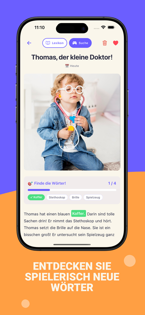 Wörter-Jagd Wortspiel, bei dem Kinder versteckte Wörter in ihrer personalisierten Geschichte finden