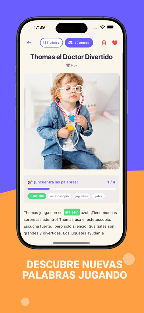 Juego de la Caza de Palabras donde los niños encuentran palabras escondidas en su cuento personalizado