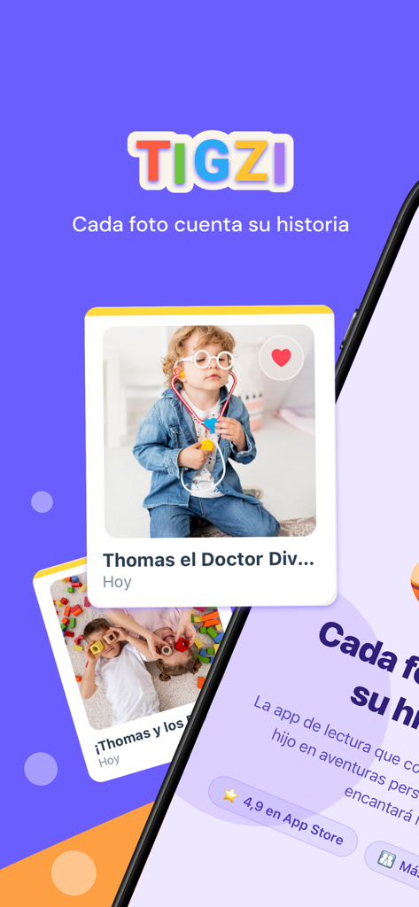 Biblioteca de cuentos de Tigzi, app de lectura infantil, con libros personalizados creados a partir de fotos familiares
