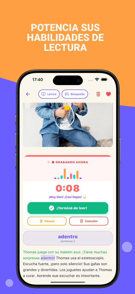 Niño practicando la lectura en voz alta con grabación y resaltado tipo karaoke para mejorar sus habilidades lectoras