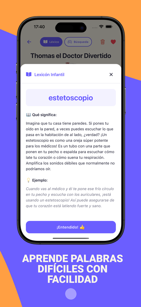 Lexicón Infantil explicando la palabra estetoscopio en un lenguaje sencillo y adaptado a los niños