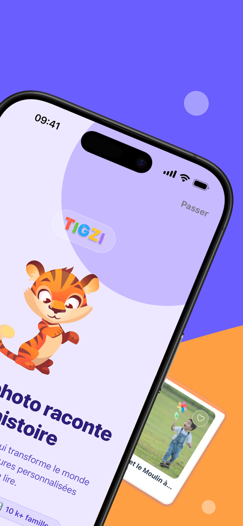 La mascotte tigre de Tigzi accueille les enfants dans l'application pour apprendre à lire qui transforme les photos en histoires