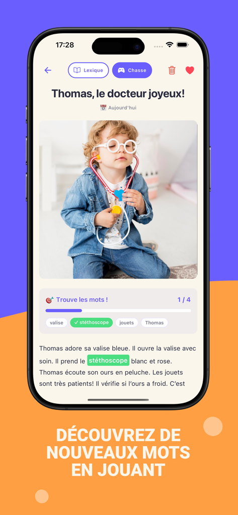 Jeu de la Chasse aux Mots où les enfants trouvent des mots cachés dans leur histoire personnalisée