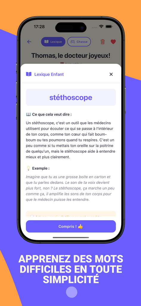 Lexique Enfant expliquant le mot stéthoscope dans un langage simple et adapté aux enfants