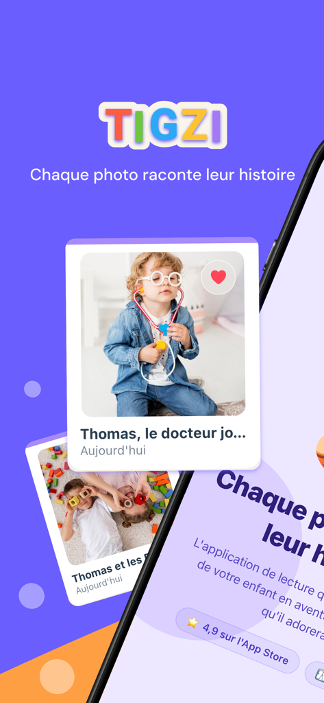 Bibliothèque d'histoires de Tigzi, application de lecture pour enfants, avec des livres personnalisés créés à partir de photos de famille