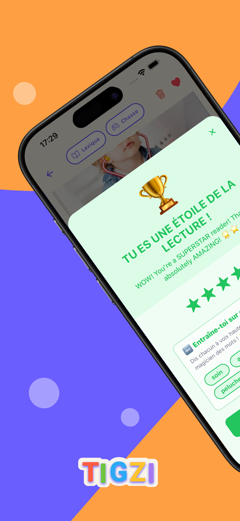 Écran de célébration avec trophée et étoiles récompensant un enfant après une lecture à voix haute