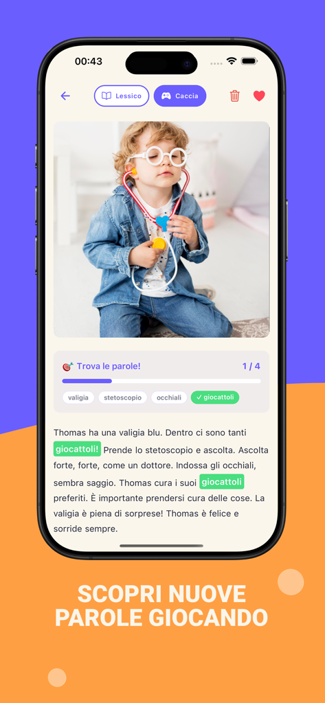 Gioco della Caccia alle Parole in cui i bambini trovano parole nascoste nella loro storia personalizzata