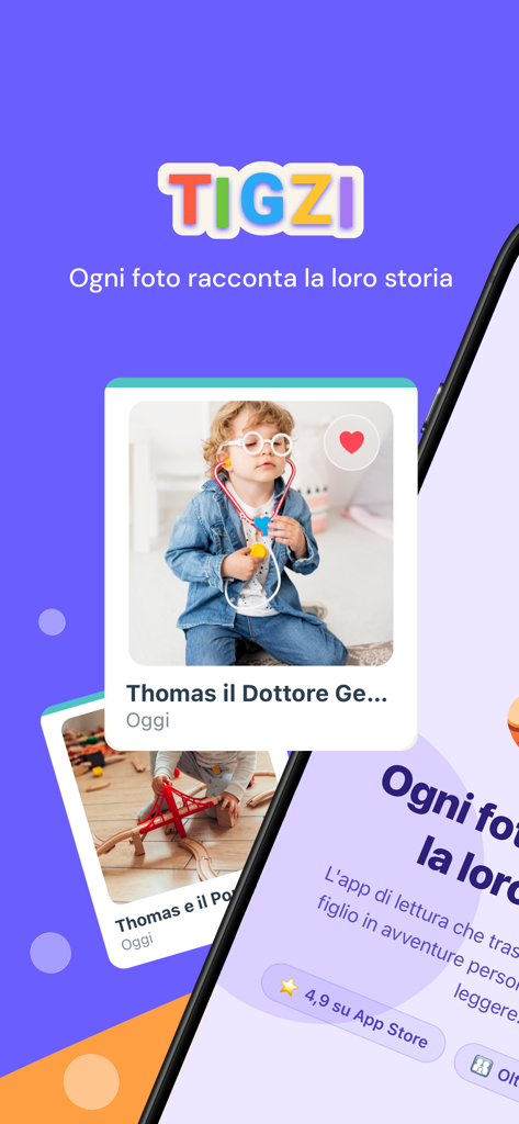 Libreria di storie di Tigzi, app di lettura per bambini, con libri personalizzati creati dalle foto di famiglia
