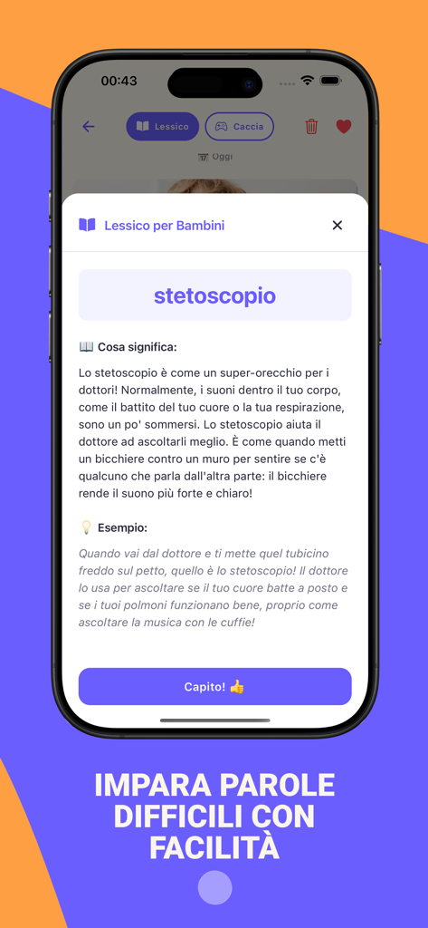Lessico per Bambini che spiega la parola stetoscopio con un linguaggio semplice e adatto ai bambini