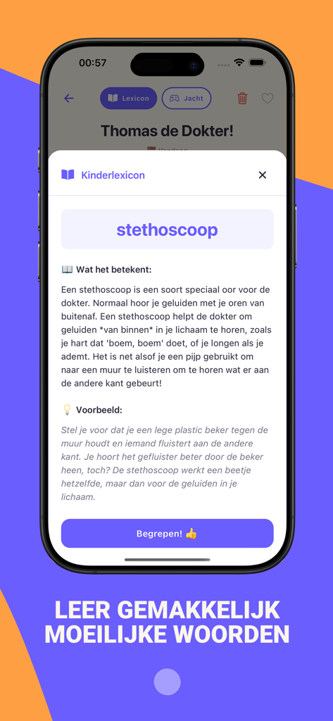 Kinderlexicon dat het woord stethoscoop uitlegt in eenvoudige, kindvriendelijke taal