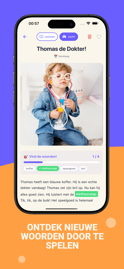 Woordenjacht-spel waarbij kinderen verborgen woorden zoeken in hun gepersonaliseerde verhaal